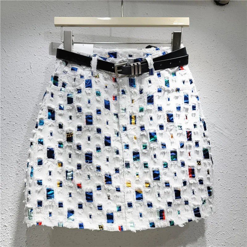 Slim A-line Burnout Color Block Denim Women's Skirt