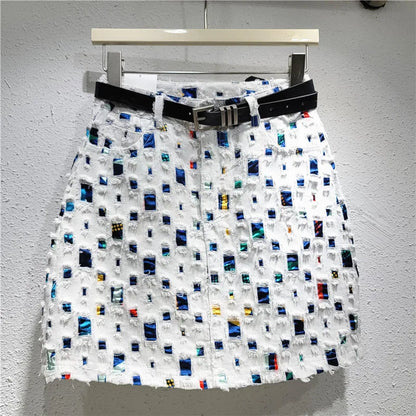 Slim A-line Burnout Color Block Denim Women's Skirt