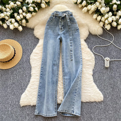 UNIKCOSA Women’s Spring Denim Jeans – 2025 High-Waist Printed Long Pants with Sash Belt (Outdoor Chic Edition)