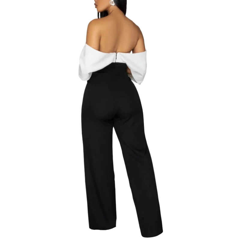 Backless Black & White Wide-Leg V-Neck Jumpsuit – Trendy Summer Style
