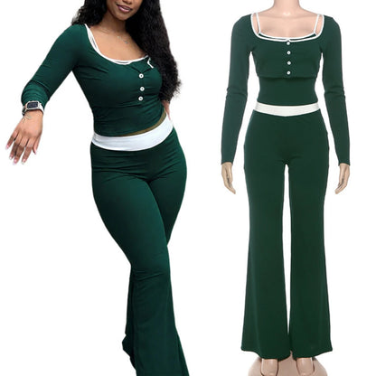 Elegant Green Casual Camisole & Flared Trousers Set
