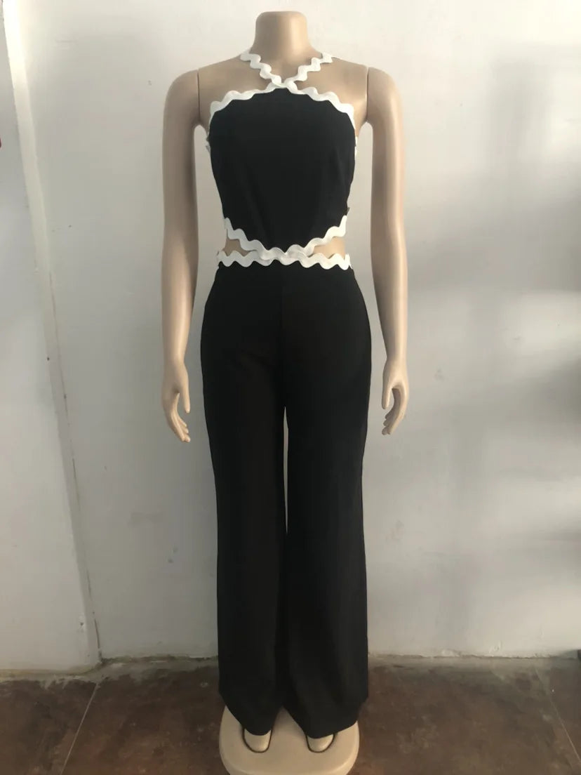 Wavy Striped Sleeveless Backless Wide-Leg Jumpsuit for Summer