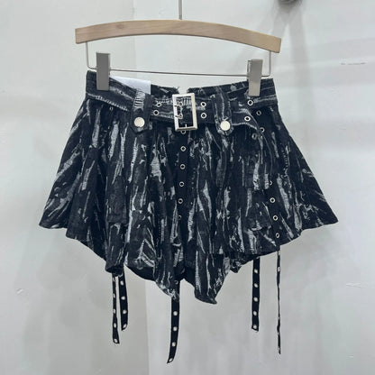 Women's Denim Flutter Belt Irregular Pleated Short Skirt