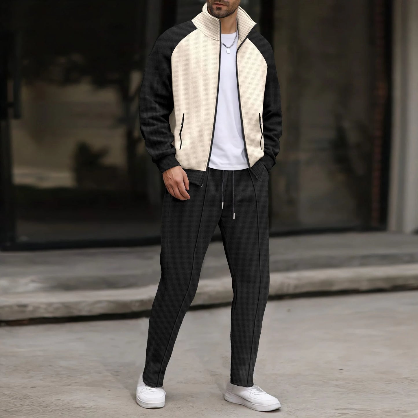 UNIKCOSA Men’s Colorblock Tracksuit – Contrast Panel Zip Jacket & Drawstring Pants Two-Piece Athleisure Set (2025 Edition)