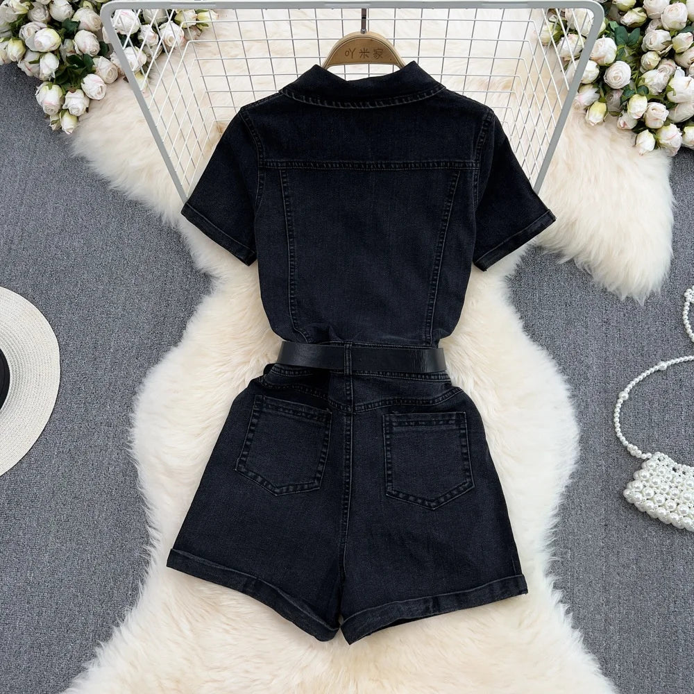 UNIKCOSA Women’s Denim Polo Jumpsuit – Summer Short Sleeve Single-Breasted Wide-Leg Shorts One-Piece
