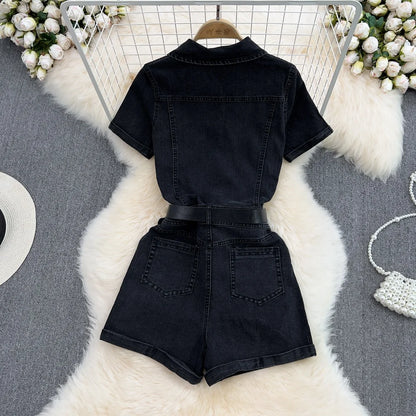 UNIKCOSA Women’s Denim Polo Jumpsuit – Summer Short Sleeve Single-Breasted Wide-Leg Shorts One-Piece
