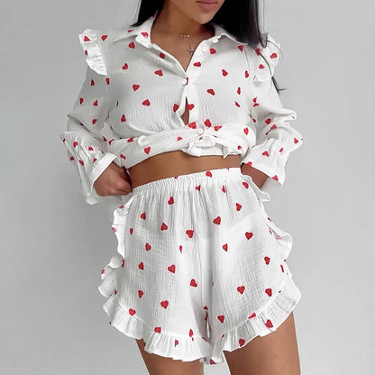 UNIKCOSA Women’s Ruffled Pajama Set – Crepe Cotton Printed Blouse & Shorts 2-Piece Outfit (Summer/Fall 2025 Edition)