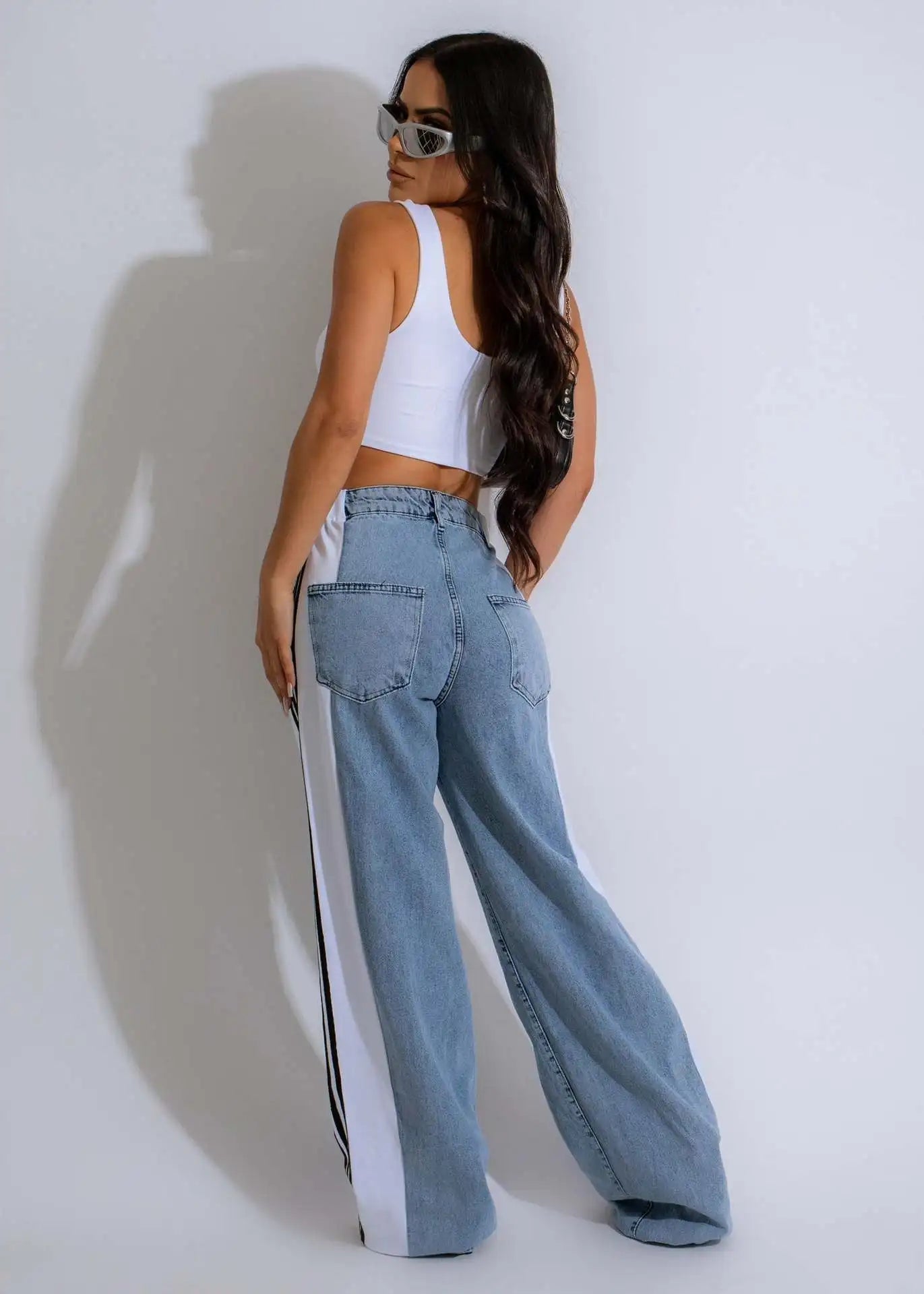 UNIKCOSA Women’s Palazzo Wide-Leg Jeans – High-Waist Retro Loose Fit Denim with Three Stripe Detail (Streetwear Edition)