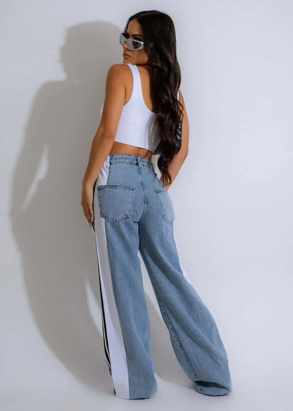 UNIKCOSA Women’s Palazzo Wide-Leg Jeans – High-Waist Retro Loose Fit Denim with Three Stripe Detail (Streetwear Edition)