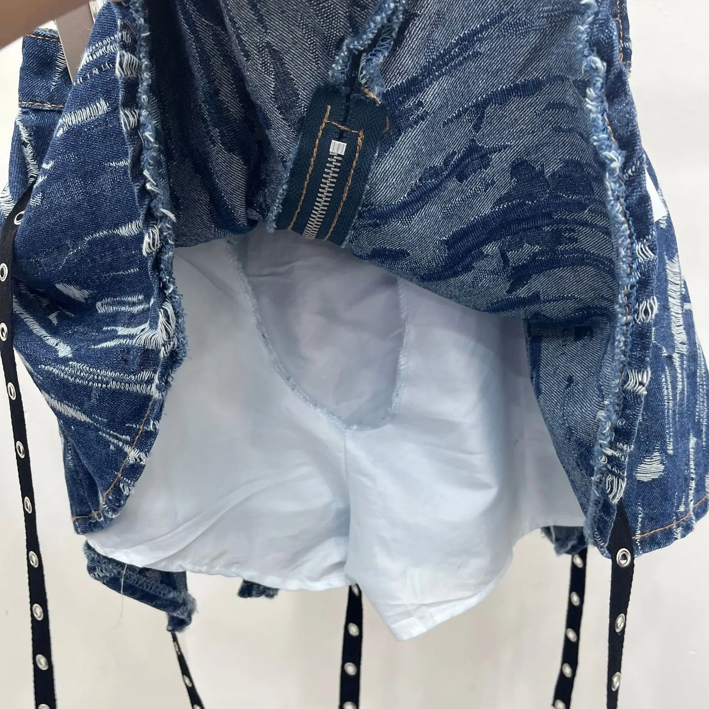 Women's Denim Flutter Belt Irregular Pleated Short Skirt