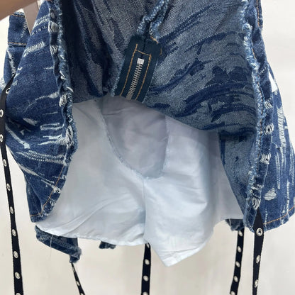 Women's Denim Flutter Belt Irregular Pleated Short Skirt