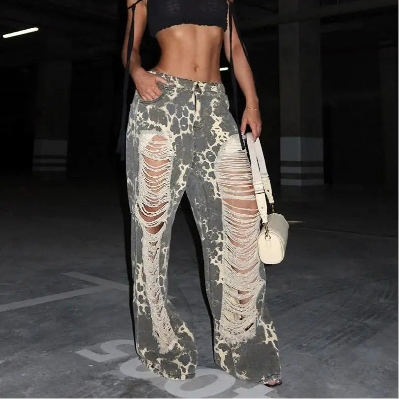 Ripped Leopard Print Maxi Loose Women Jeans Trendy Summer Denim