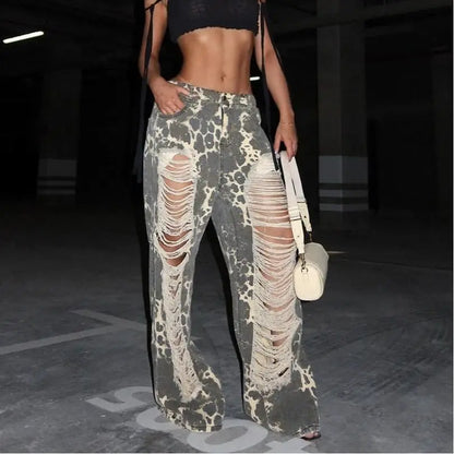 Ripped Leopard Print Maxi Loose Women Jeans Trendy Summer Denim