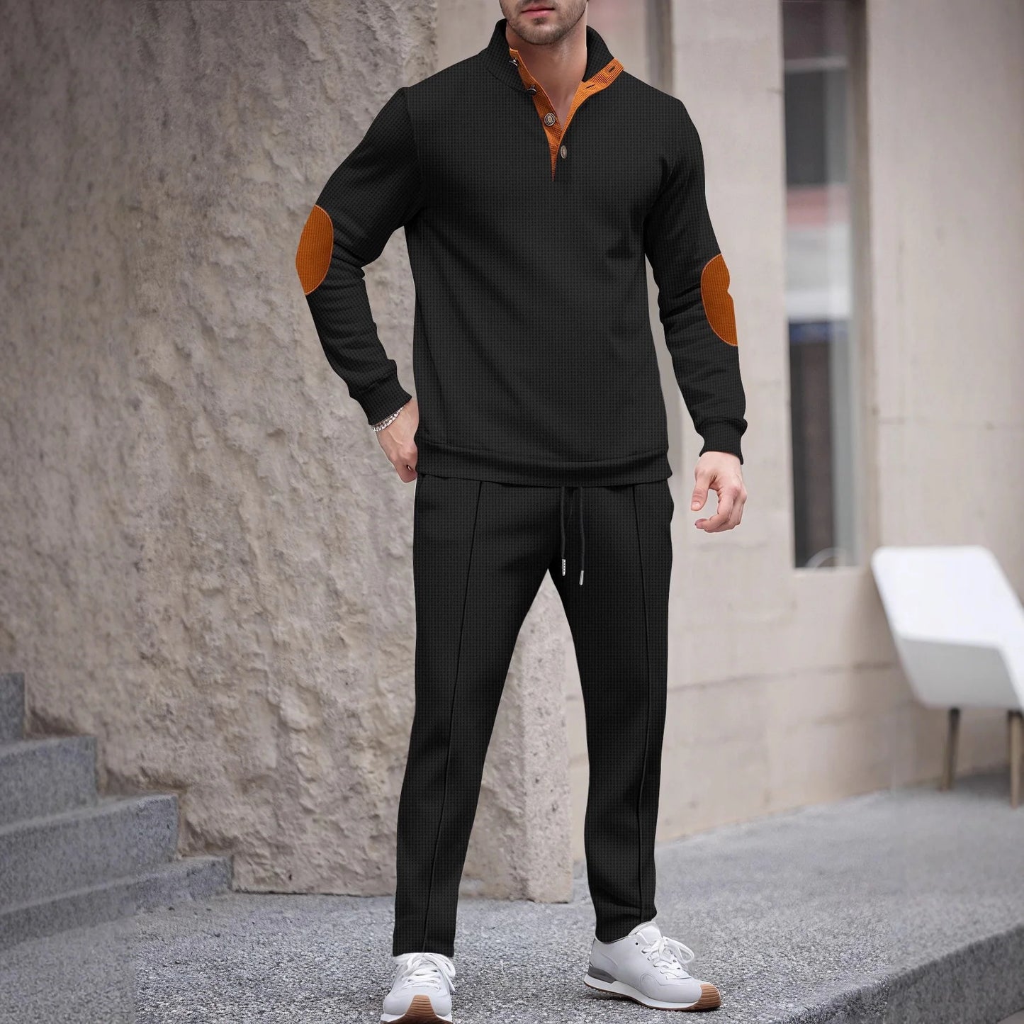 UNIKCOSA Men’s Knit Sweater Set – Quarter-Button Pullover with Contrast Elbow Patches & Elastic Waist Pants (2-Piece Tracksuit 2025 Edition)