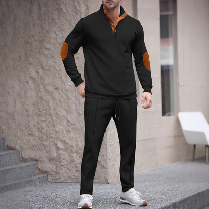 UNIKCOSA Men’s Knit Sweater Set – Quarter-Button Pullover with Contrast Elbow Patches & Elastic Waist Pants (2-Piece Tracksuit 2025 Edition)