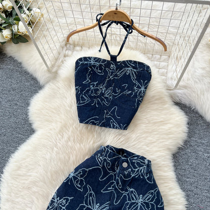 UNIKCOSA Women’s Summer Y2K Set – Halter Tube Top & High-Waist Printed Denim 2-Piece Outfit (Retro Streetwear Edition)