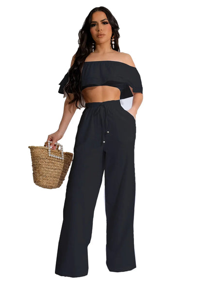 UNIKCOSA Women’s Ruffled Trousers Set – Two-Piece Casual Outfit with Top & Pants (Plus Size Available 2025 Edition)