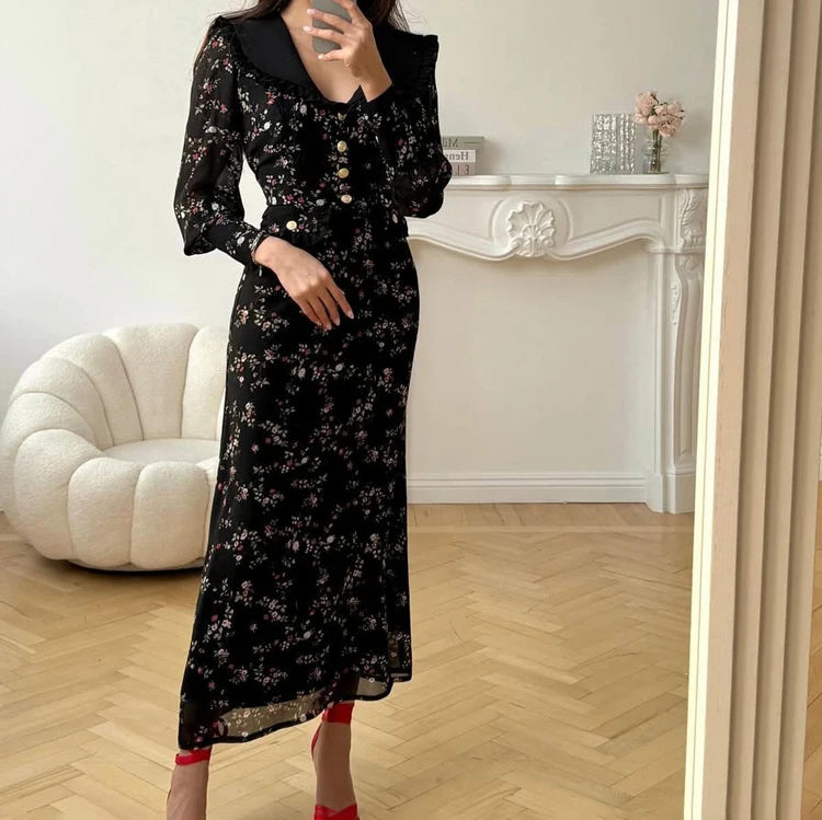 UNIKCOSA Women’s Black Floral Chiffon Dress – Peter Pan Collar Buttoned Long Sleeve Elegant Short Dress (Summer/Autumn 2025 Edition)