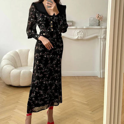 UNIKCOSA Women’s Black Floral Chiffon Dress – Peter Pan Collar Buttoned Long Sleeve Elegant Short Dress (Summer/Autumn 2025 Edition)