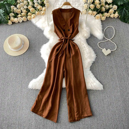UNIKCOSA Women’s Summer Jumpsuit – V-Neck Sleeveless High-Waist Wide-Leg One-Piece (Casual Chic Edition)
