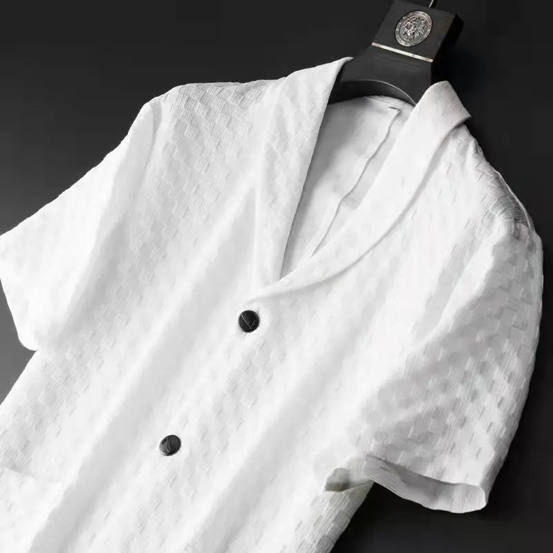 UNIKCOSA Men’s Printed Two-Piece Set – Short Sleeve Shirt & Pants with Solid Geometry Pattern (Spring/Summer 2024 Edition)