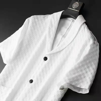 UNIKCOSA Men’s Printed Two-Piece Set – Short Sleeve Shirt & Pants with Solid Geometry Pattern (Spring/Summer 2024 Edition)