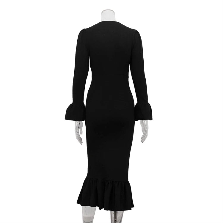 UNIKCOSA Women’s Knitted Ruffle Dress – Solid Color Button-Up Flared Sleeve Long Dress (Autumn 2025 Office Edition)