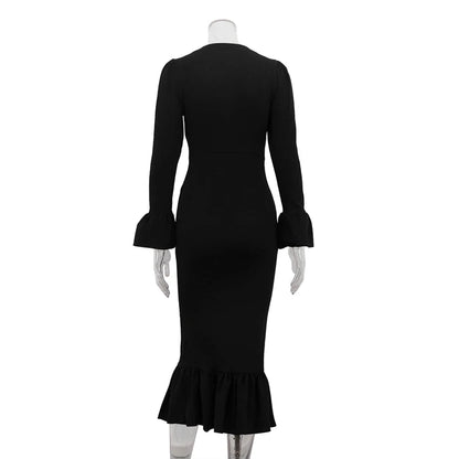 UNIKCOSA Women’s Knitted Ruffle Dress – Solid Color Button-Up Flared Sleeve Long Dress (Autumn 2025 Office Edition)