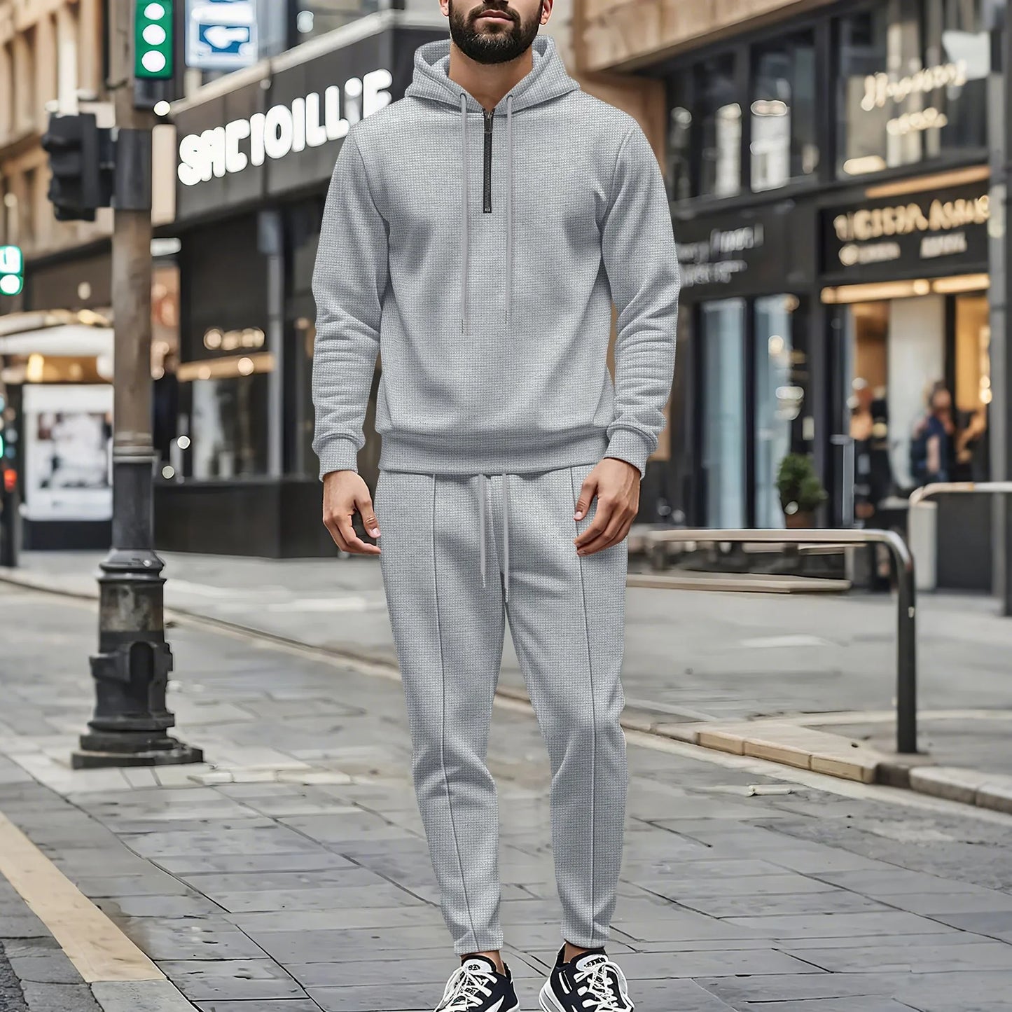 UNIKCOSA Men’s Athleisure Hoodie Set – Quarter-Zip Hooded Top & Jogger Pants (220 GSM Gymwear Two-Piece Outfit)