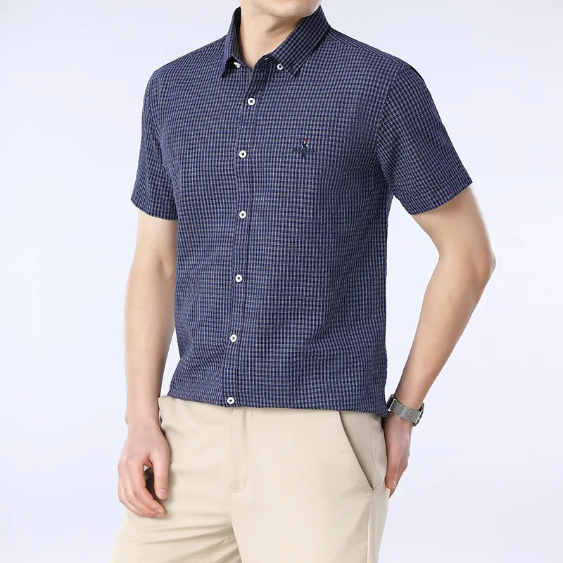 Men's Business Dress Shirt with Stand-Up Collar Plaid Short Sleeve Summer Style