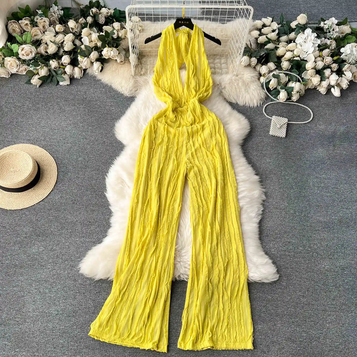 UNIKCOSA Women’s Halter Jumpsuit – Deep V-Neck Backless High-Waist Long Pants (Vacation Chic Edition)