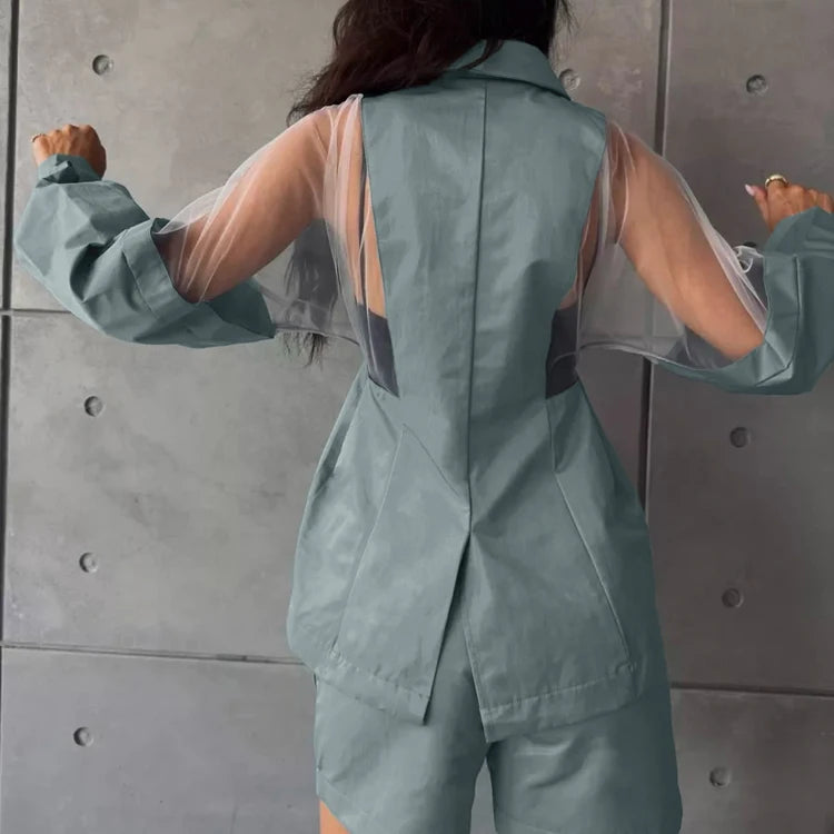 UNIKCOSA Women’s Patchwork Streetwear Set – Double-Breasted Jacket & Shorts 2-Piece Outfit (Summer 2025 Edition)