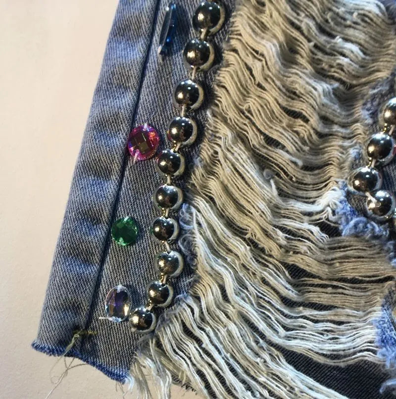 Heavy Industry Diamond-Studded Beaded Ripped Tassel High-Waisted Women’s Denim Shorts