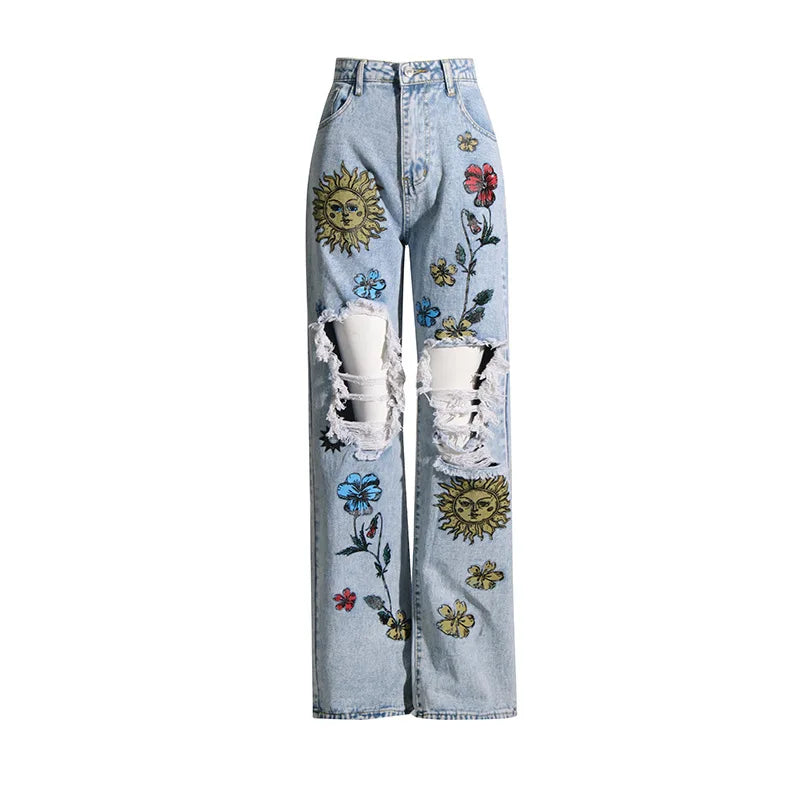 UNIKCOSA Women’s Vintage Washed Jeans – High-Waist Straight Denim with Hollow-Out Sun & Flower Print Design