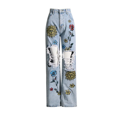 UNIKCOSA Women’s Vintage Washed Jeans – High-Waist Straight Denim with Hollow-Out Sun & Flower Print Design