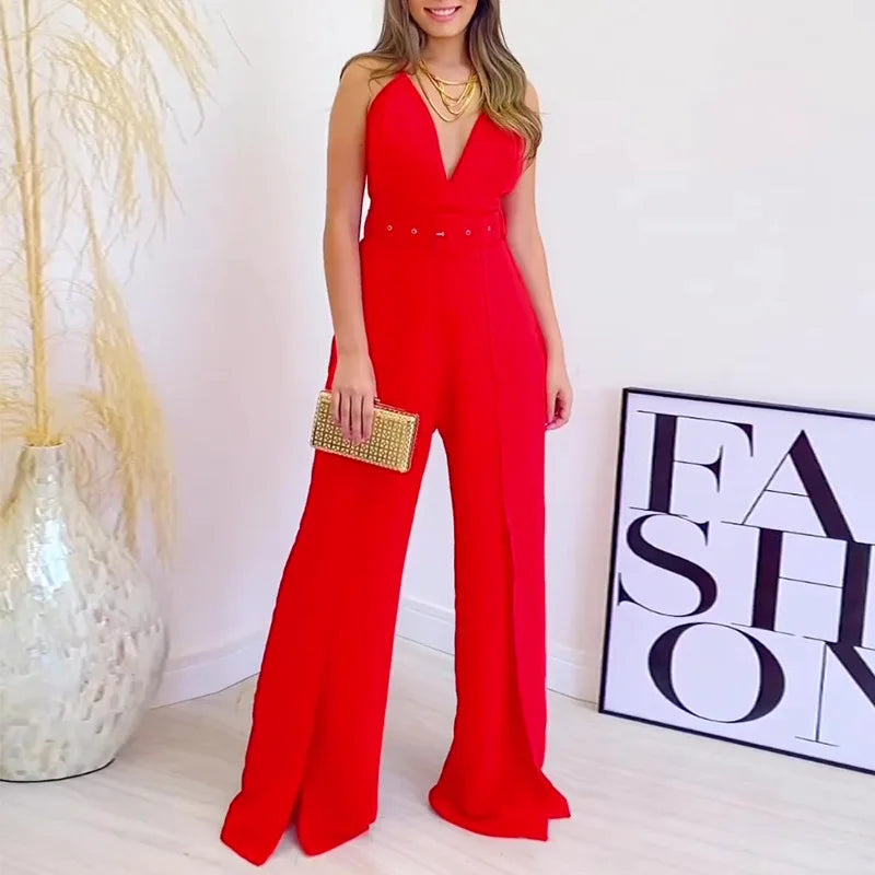 UNIKCOSA Elegant Wide-Leg Jumpsuit — Suspender V-Neck + High-Waist Slit Pants