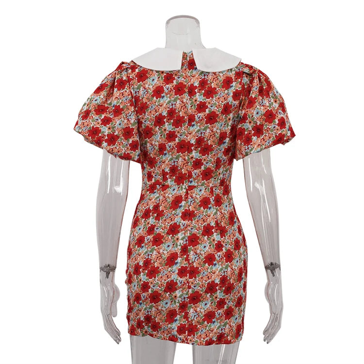 UNIKCOSA Women’s Red Floral Bodycon Dress – Peter Pan Collar Puff Sleeve Short Summer Dress with Back Zip (2025 Edition)
