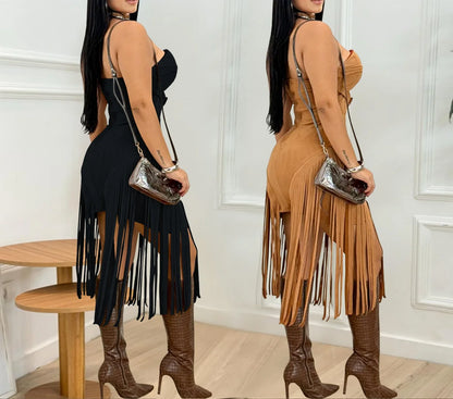 Sexy Sleeveless Tassel Fringe Bodycon Dress for Women