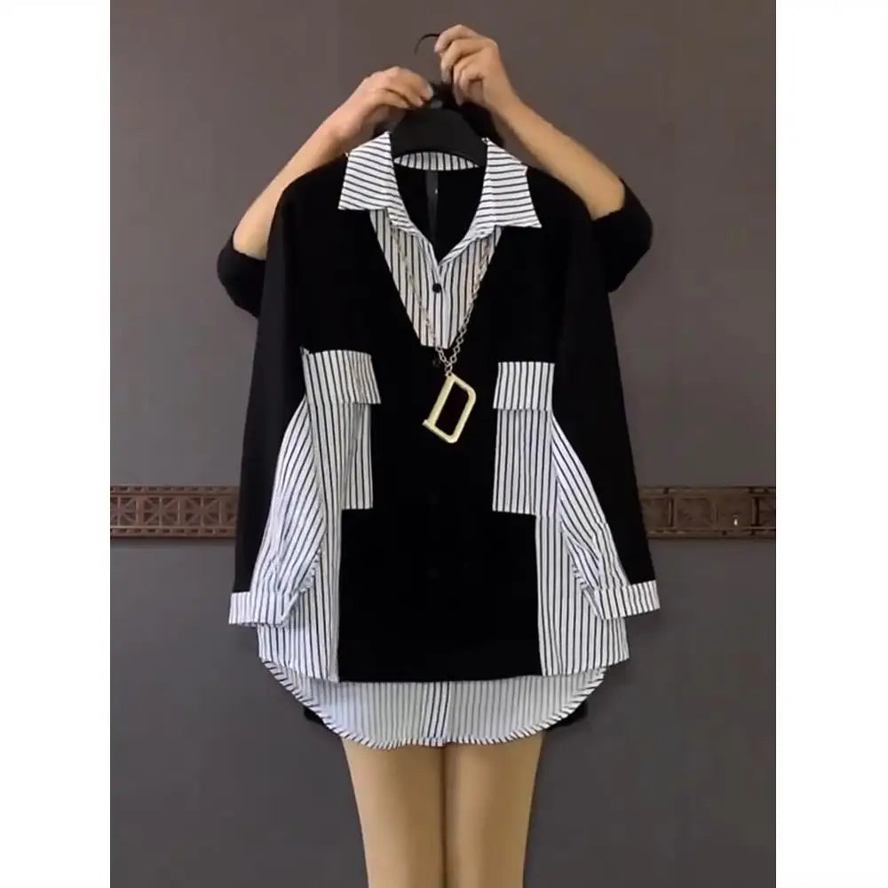 UNIKCOSA Women’s Oversized Striped Shirt – 2023 Spring Loose-Fit Medium-Length Daily Top (Casual Chic Edition)