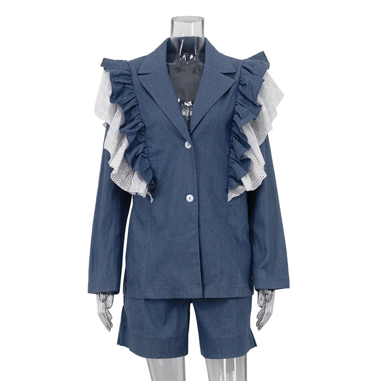 UNIKCOSA Women’s Denim Suit Set – Ruffled Blazer & Shorts 2-Piece Streetwear Outfit (2024 Urban Fashion Edition)