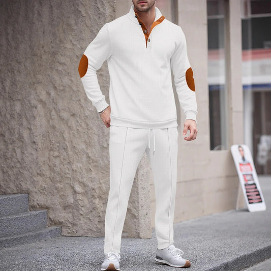 UNIKCOSA Men’s Knit Sweater Set – Quarter-Button Pullover with Contrast Elbow Patches & Elastic Waist Pants (2-Piece Tracksuit 2025 Edition)