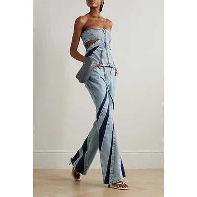 UNIKCOSA Women’s Denim Two-Piece Set – Color Block Zipper Tube Top & Flare Jeans (Casual Sexy Edition)
