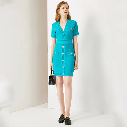 UNIKCOSA Women’s Knitted Office Dress – Short Sleeve V-Neck Knee-Length Designer Dress (Elegant Workwear Edition)