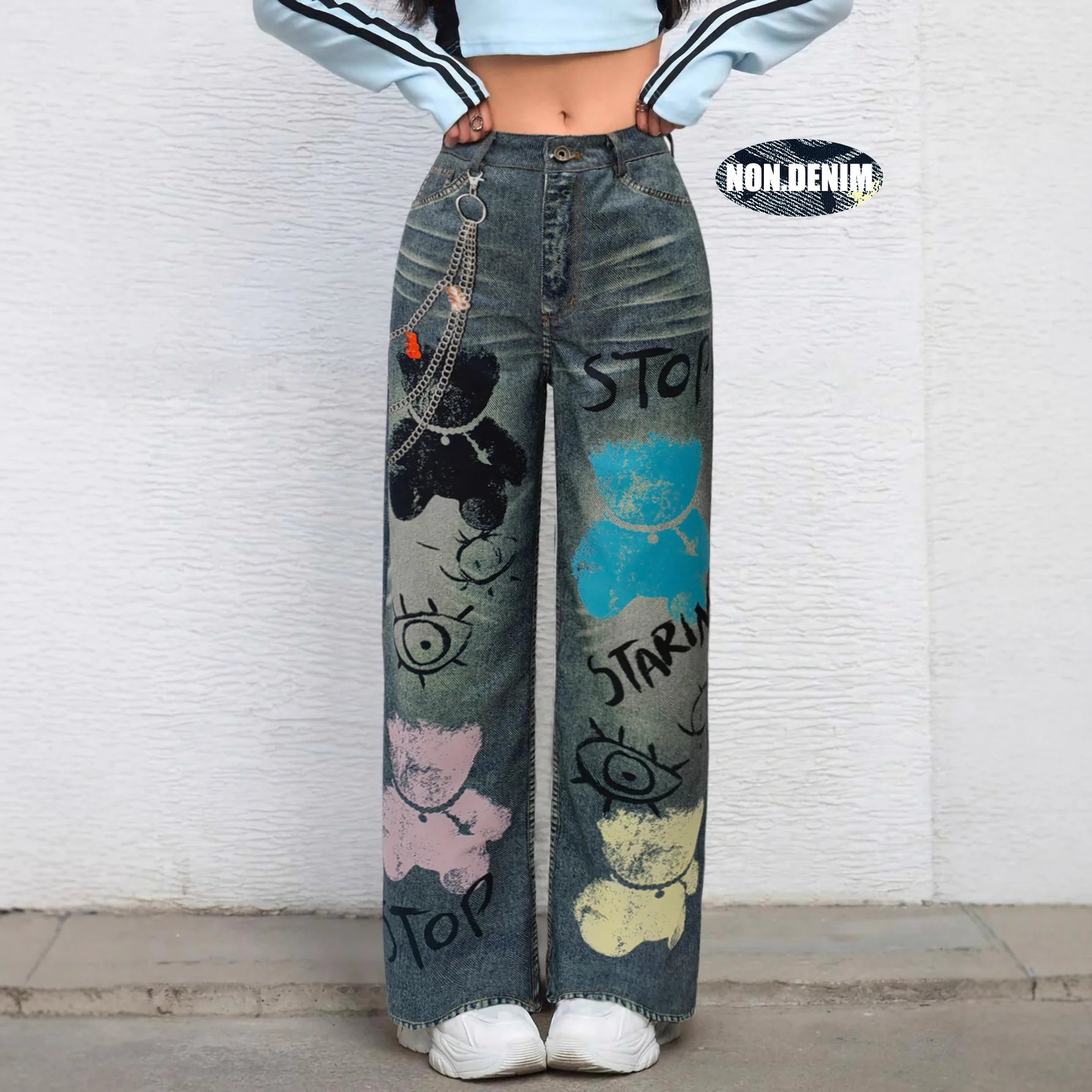 Trendy Graffiti Printed Straight-Leg Jeans – Breathable Denim for All Seasons