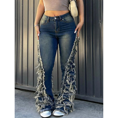 UNIKCOSA Women’s Tassel Denim Pants – High-Waist Hollow-Out Y2K Streetwear Jeans (Summer/Autumn 2025 Edition)