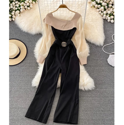 UNIKCOSA Women’s Ruffle Jumpsuit – Spring/Autumn Long Sleeve High-Waist Wide-Leg One-Piece (Elegant Edition)