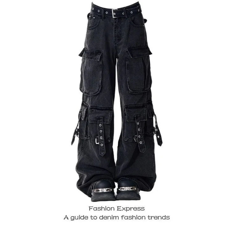 Multi-Pocket Black Women's Workwear High-Waisted Loose Denim Jeans