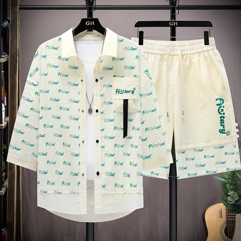 UNIKCOSA Men’s Ice Silk Summer Set – 2025 Casual Printed Short Sleeve Shirt & Matching Shorts (Cooling Edition, Made in China)