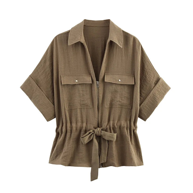 Women's Summer Casual Tie-Waist Shirt and Wide-Leg Pants Set