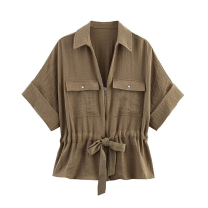 Women's Summer Casual Tie-Waist Shirt and Wide-Leg Pants Set